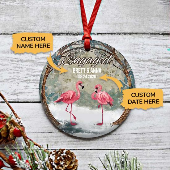 Personalized First Christmas Engaged Flamingo Round Ornament 3