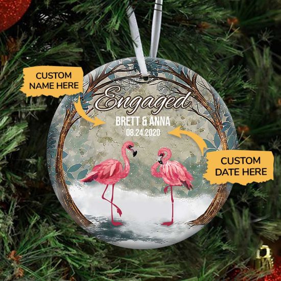 Personalized First Christmas Engaged Flamingo Round Ornament