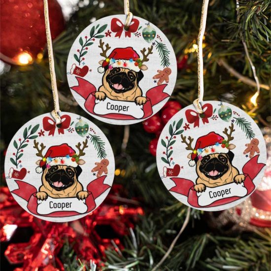 Personalized Pug Santas Reindeer Dog Lover Ceramic Ornament 1