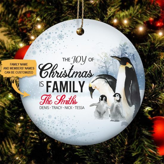 Personalized The Joy Of Christmas Penguin Round Ornament 1