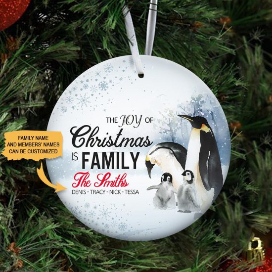 Personalized The Joy Of Christmas Penguin Round Ornament 3