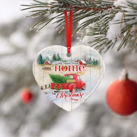 Red Truck All Roads Lead Home For Christmas Ceramic Ornament 2