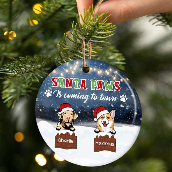 Santa Paws Is Coming Christmas Gift For Dog Lovers Personalized Custom Circle Ceramic Ornament 1