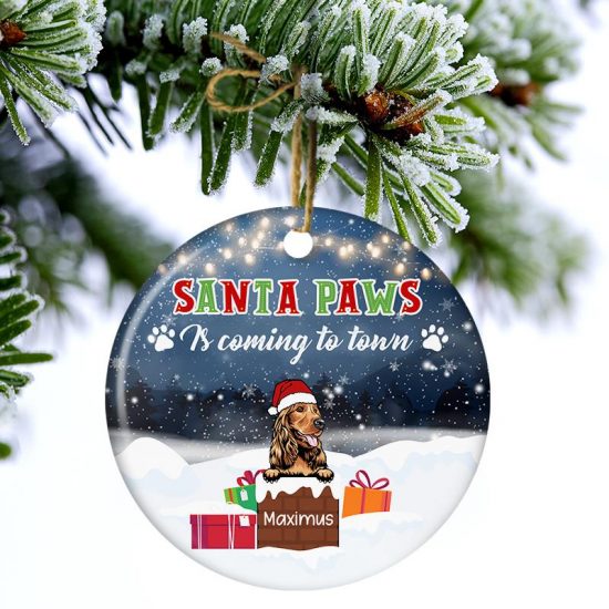 Santa Paws Is Coming Christmas Gift For Dog Lovers Personalized Custom Circle Ceramic Ornament 2