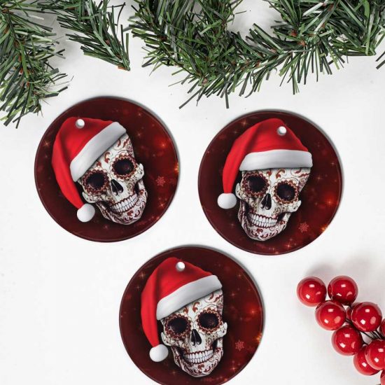 Skull Horror Christmas Hat Happy Christmas Ceramic Ornament 1