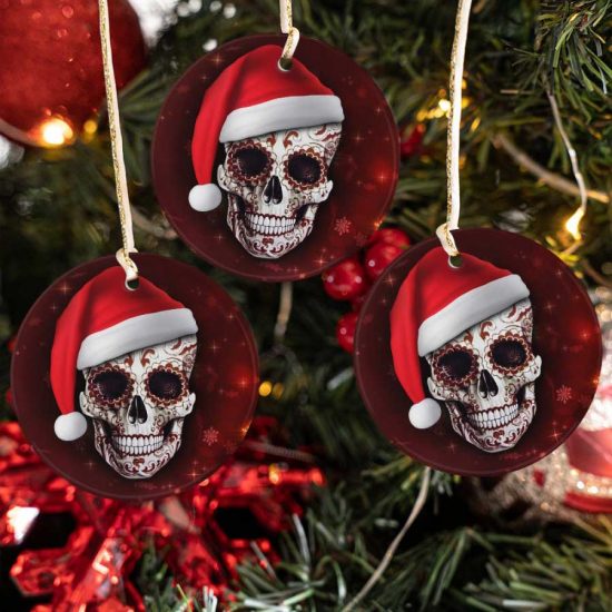Skull Horror Christmas Hat Happy Christmas Ceramic Ornament
