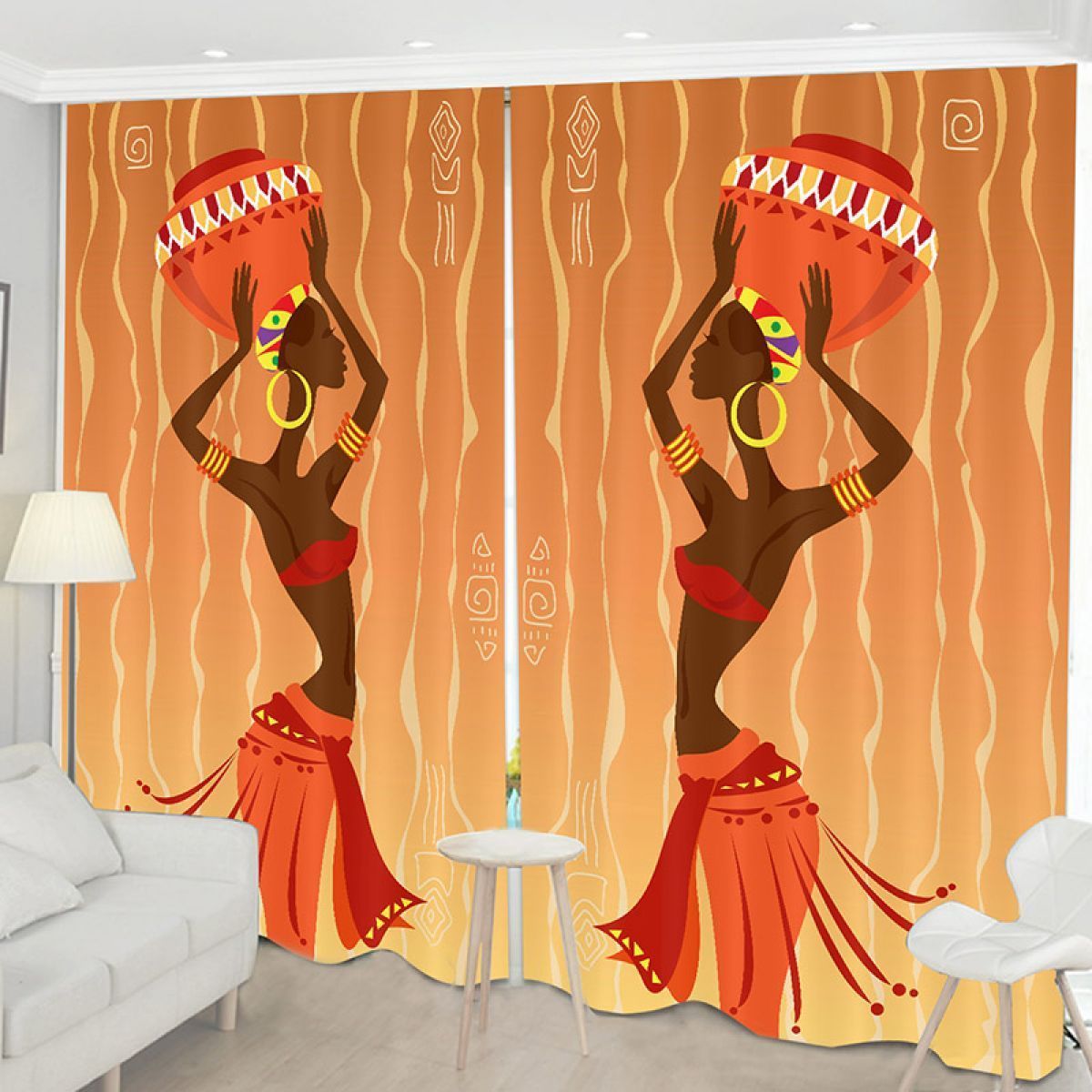 african woman carrying pottery on their head printed window curtain home decor 1055