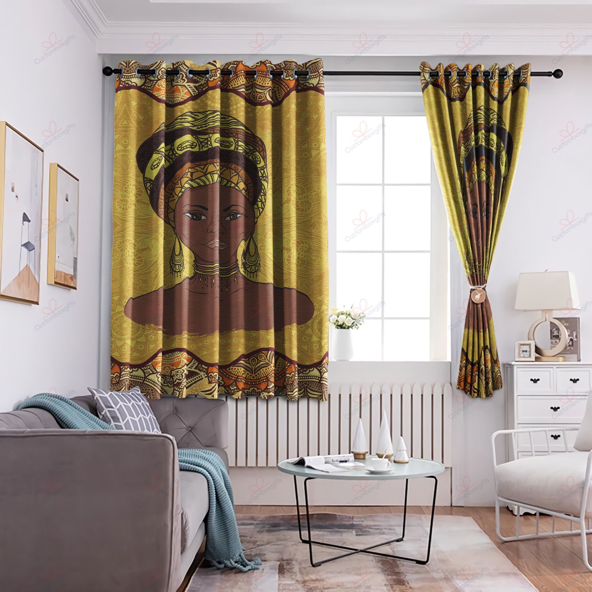 african woman yellow printed window curtain home decor 1178