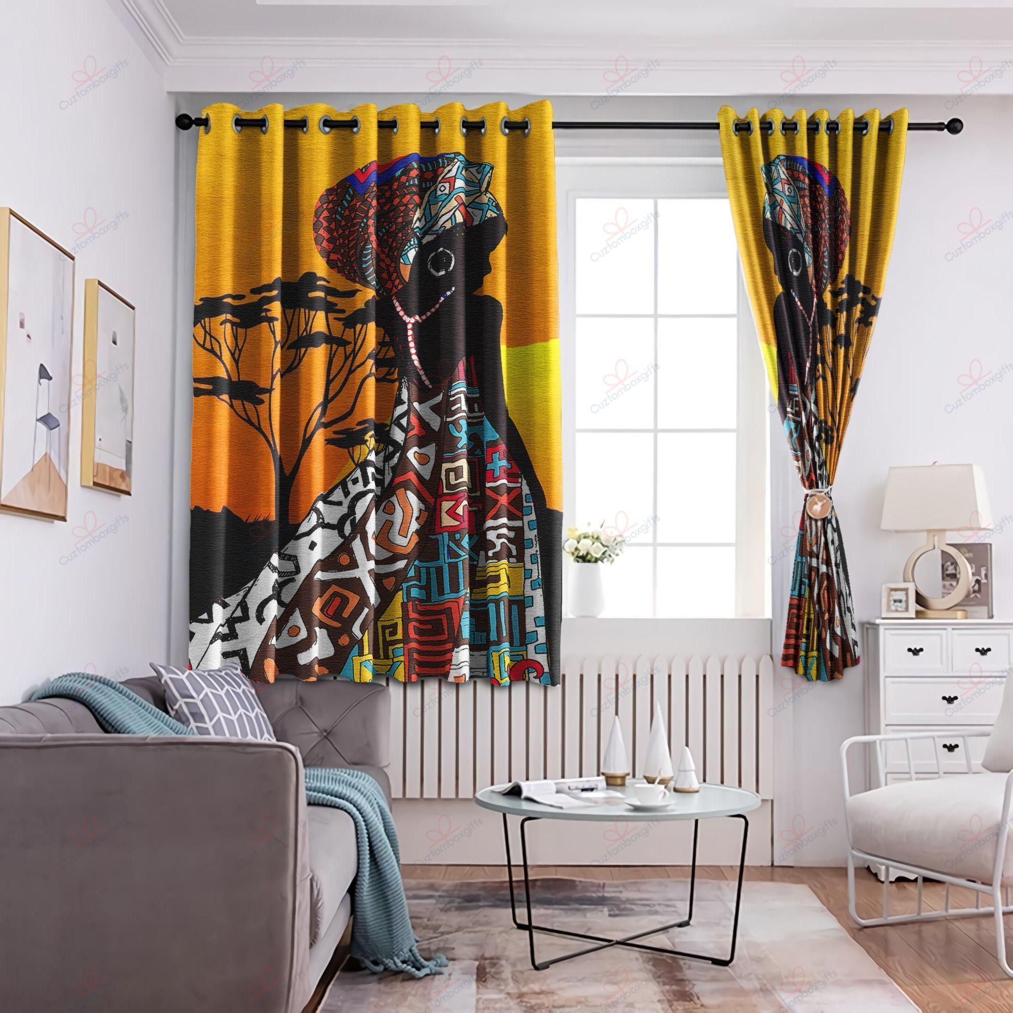 african women sunset printed window curtains home decor 6933