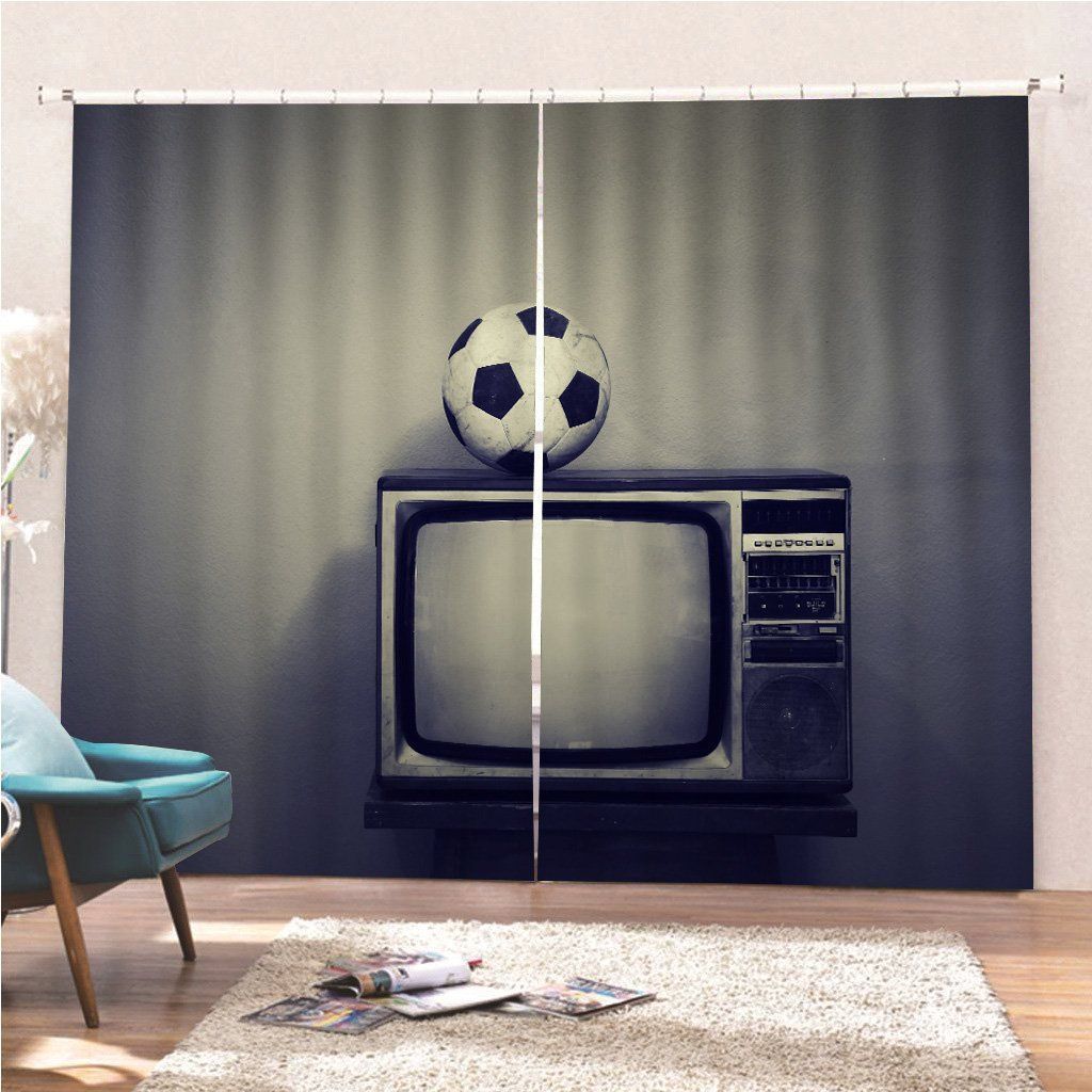 an old soccer ball on a retro tv printed window curtain home decor 1758