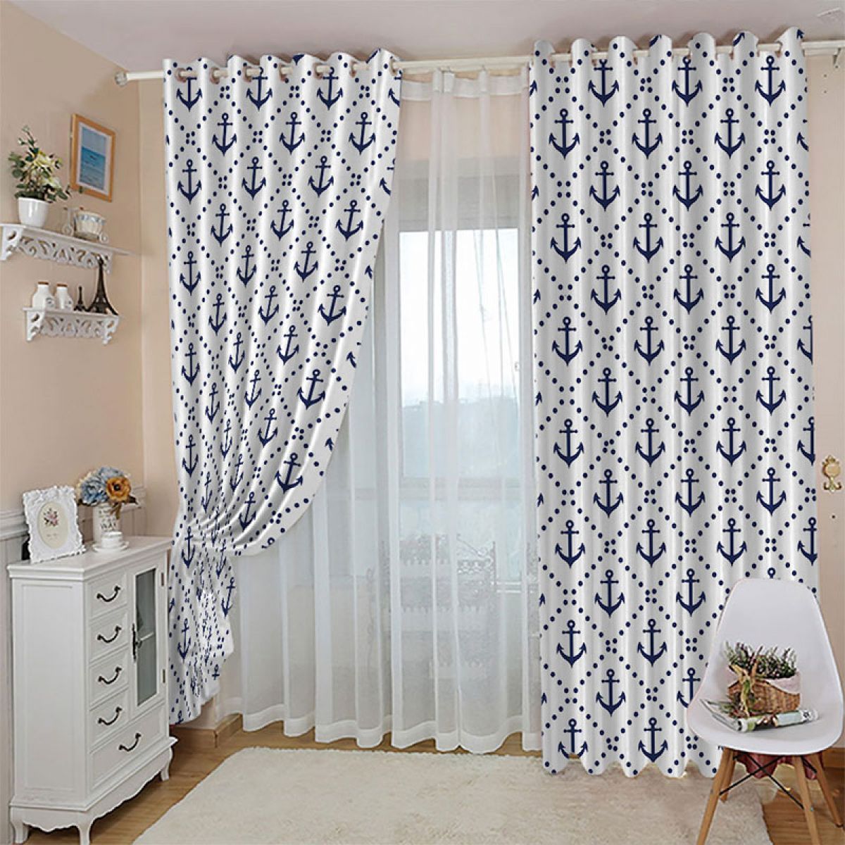 anchor and dots printed window curtain home decor 8184