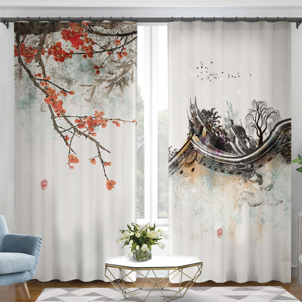 angled cornices and plum blossom printed window curtain home decor 7342