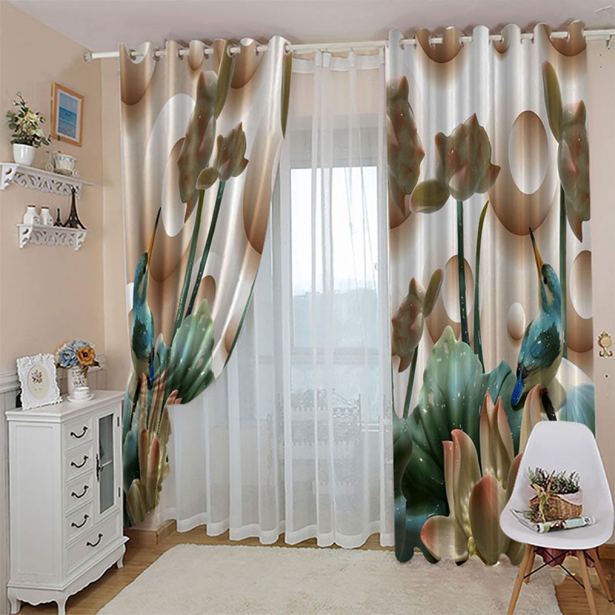 apricot lotus printed window curtain home decor 3089