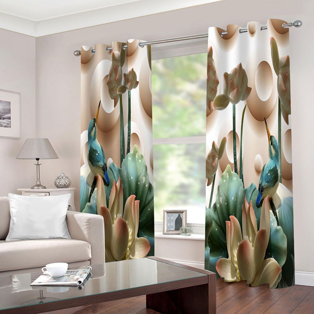 apricot lotus printed window curtain home decor 8686