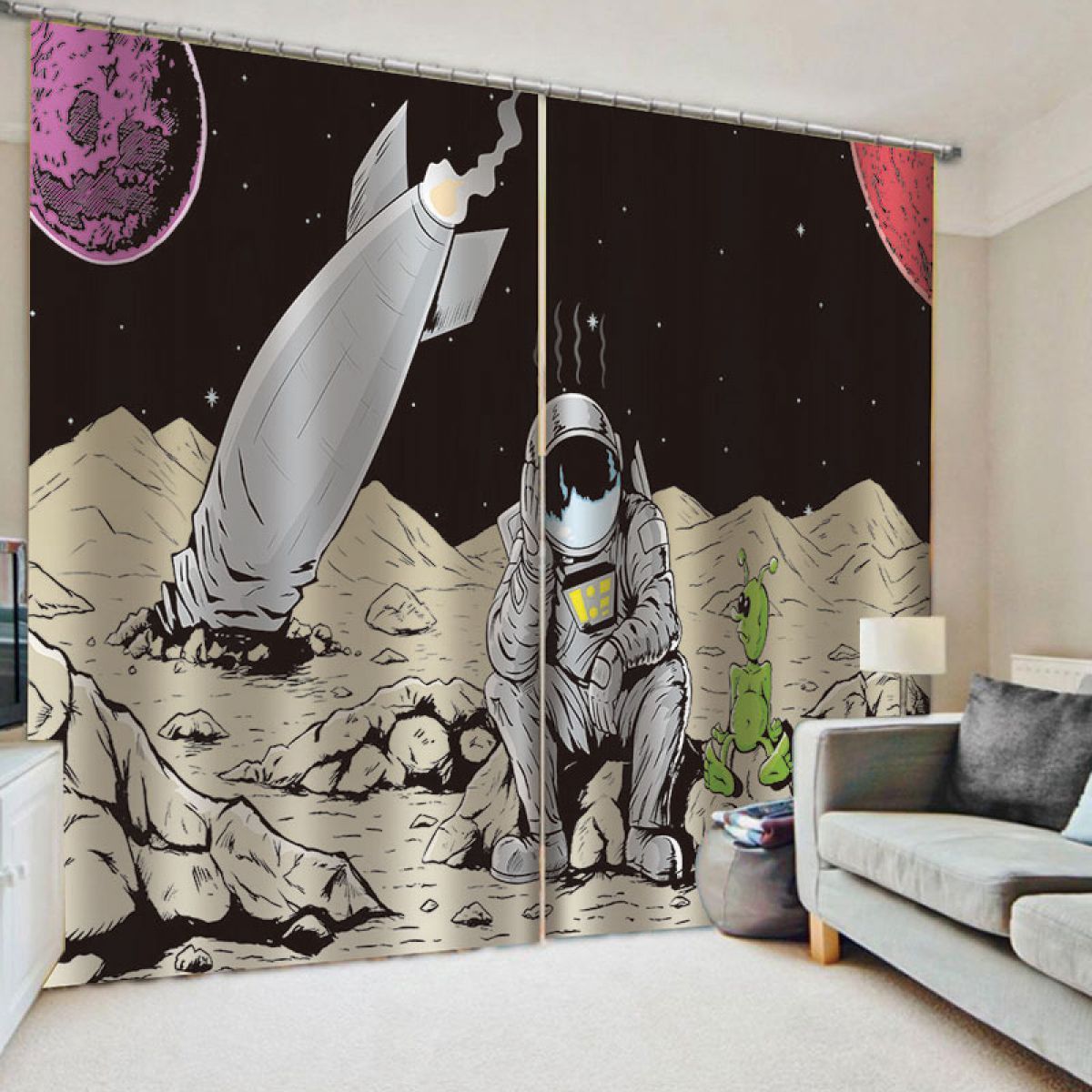astronaut and alien printed window curtain home decor 6597