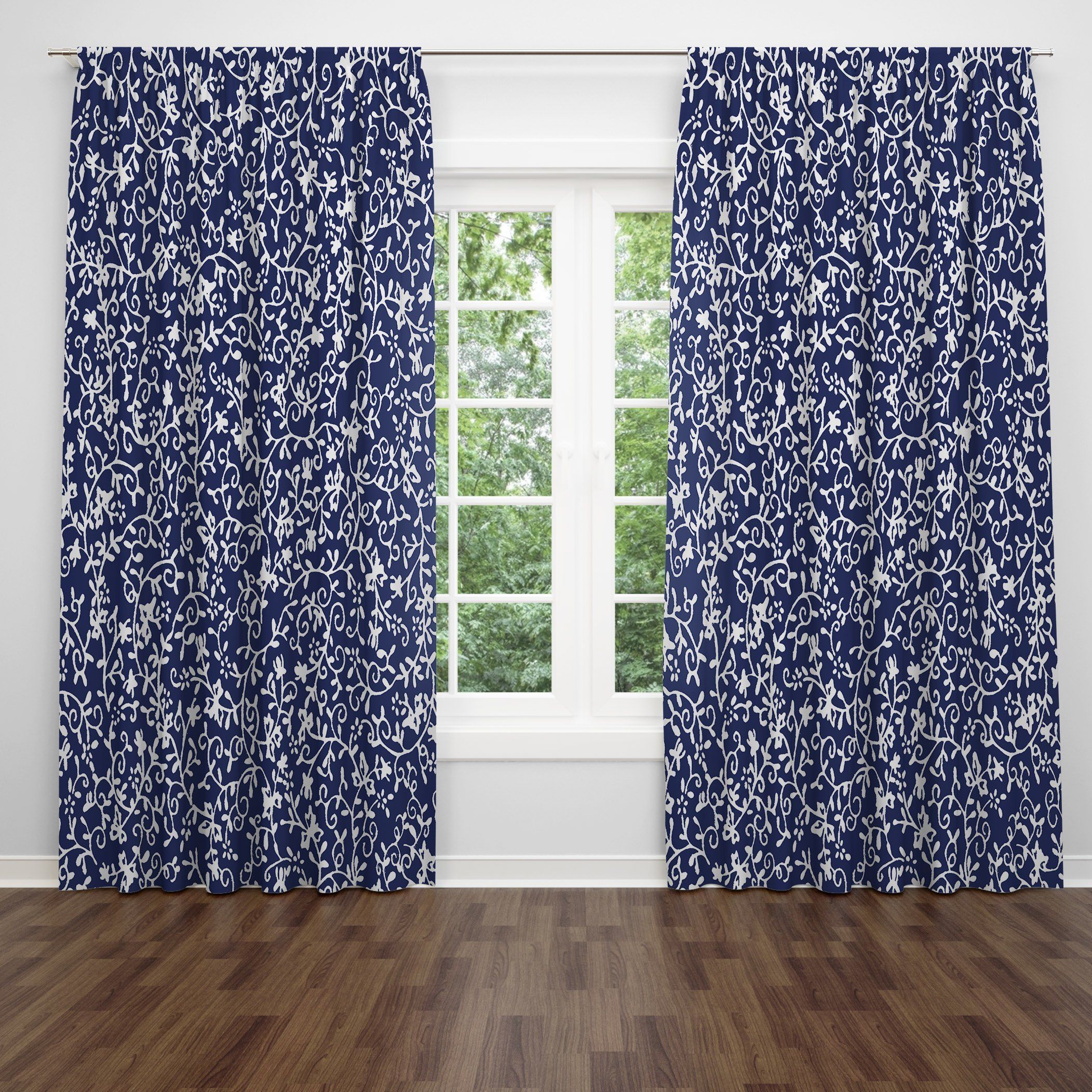 attractive navy blue white vines printed window curtains home decor 4675