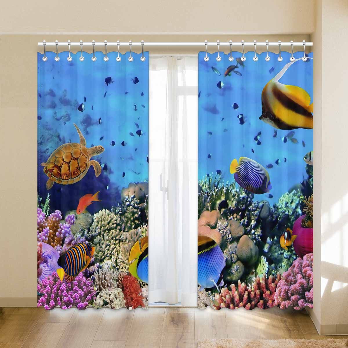 awesome sea life with coral fishes printed window curtain 7403