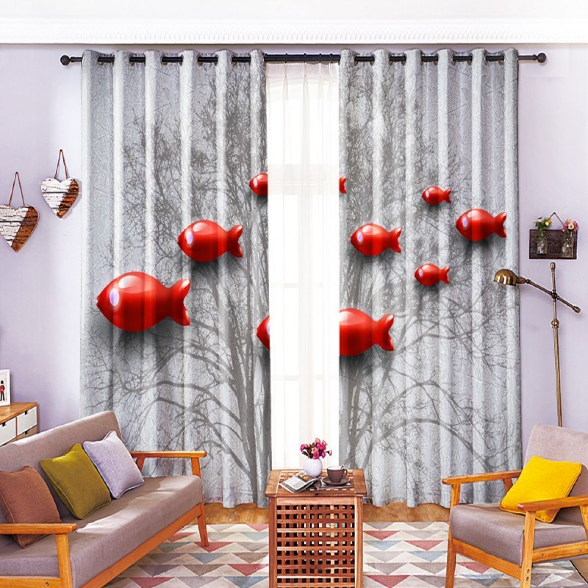 bare tree and fish printed window curtain home decor 6193