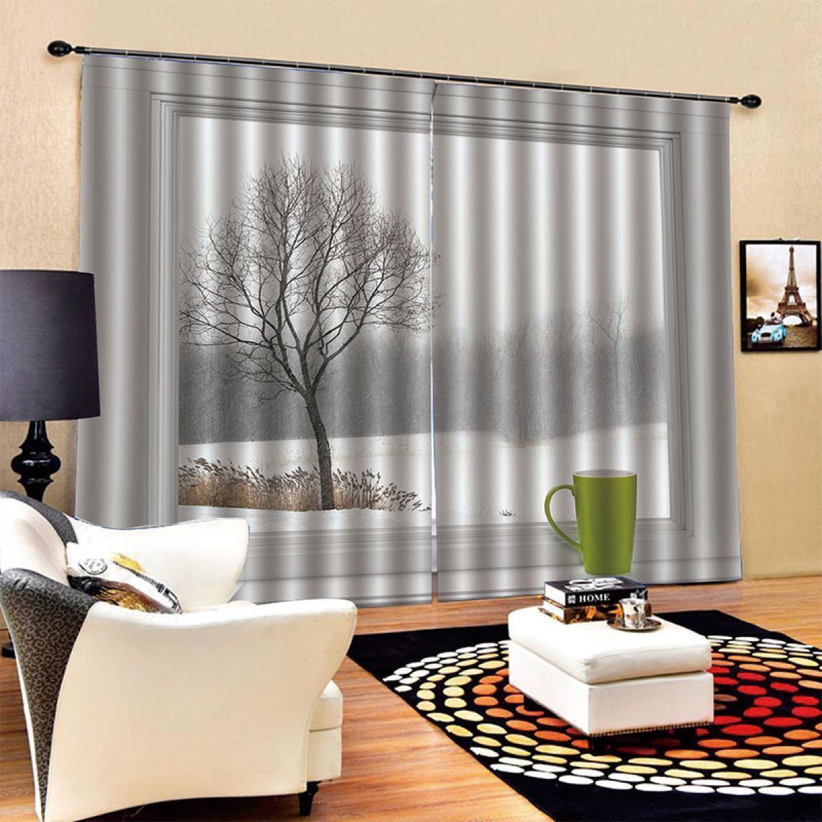 bare tree in snowy day printed window curtain home decor 6266