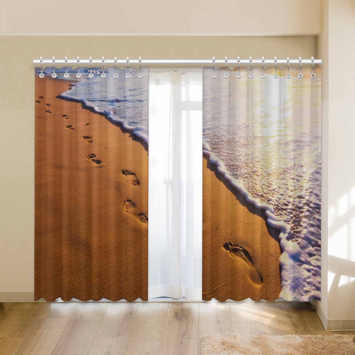 Beach Wave And Footsteps At Sunset Printed Window Curtain beach wave and footsteps at sunset printed window curtain 1390