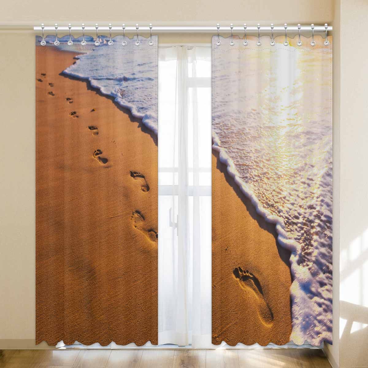 Beach Wave And Footsteps At Sunset Printed Window Curtain beach wave and footsteps at sunset printed window curtain 4653