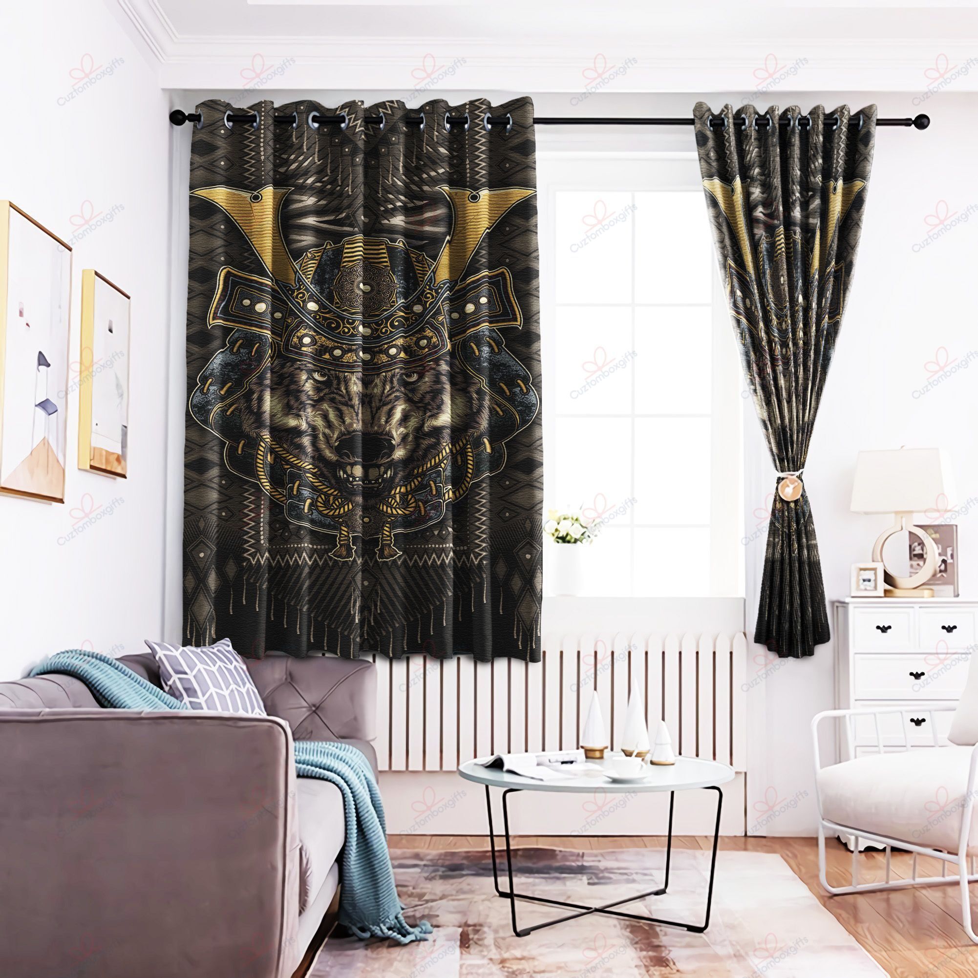 bear samurai printed window curtain home decor 1644