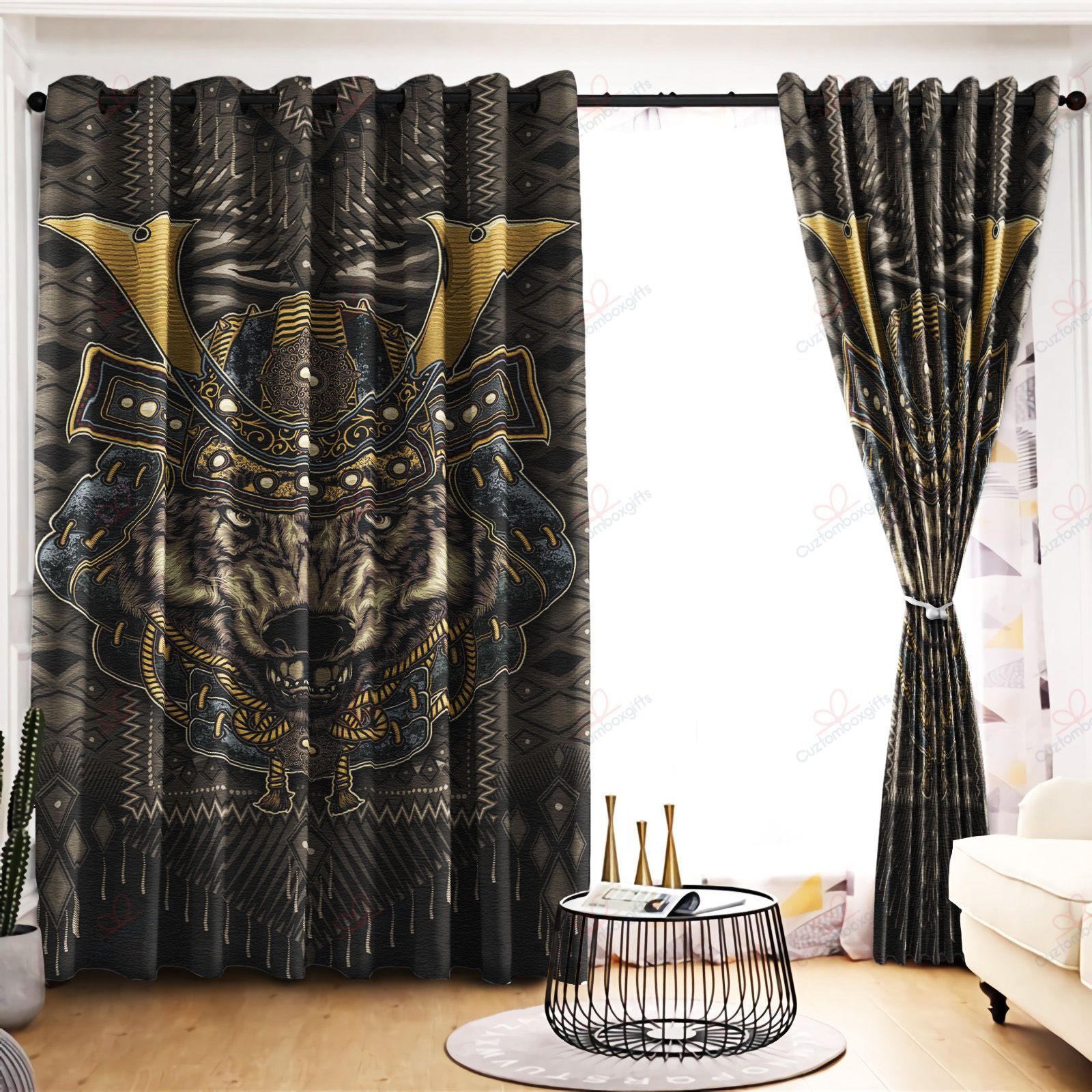 bear samurai printed window curtain home decor 2614
