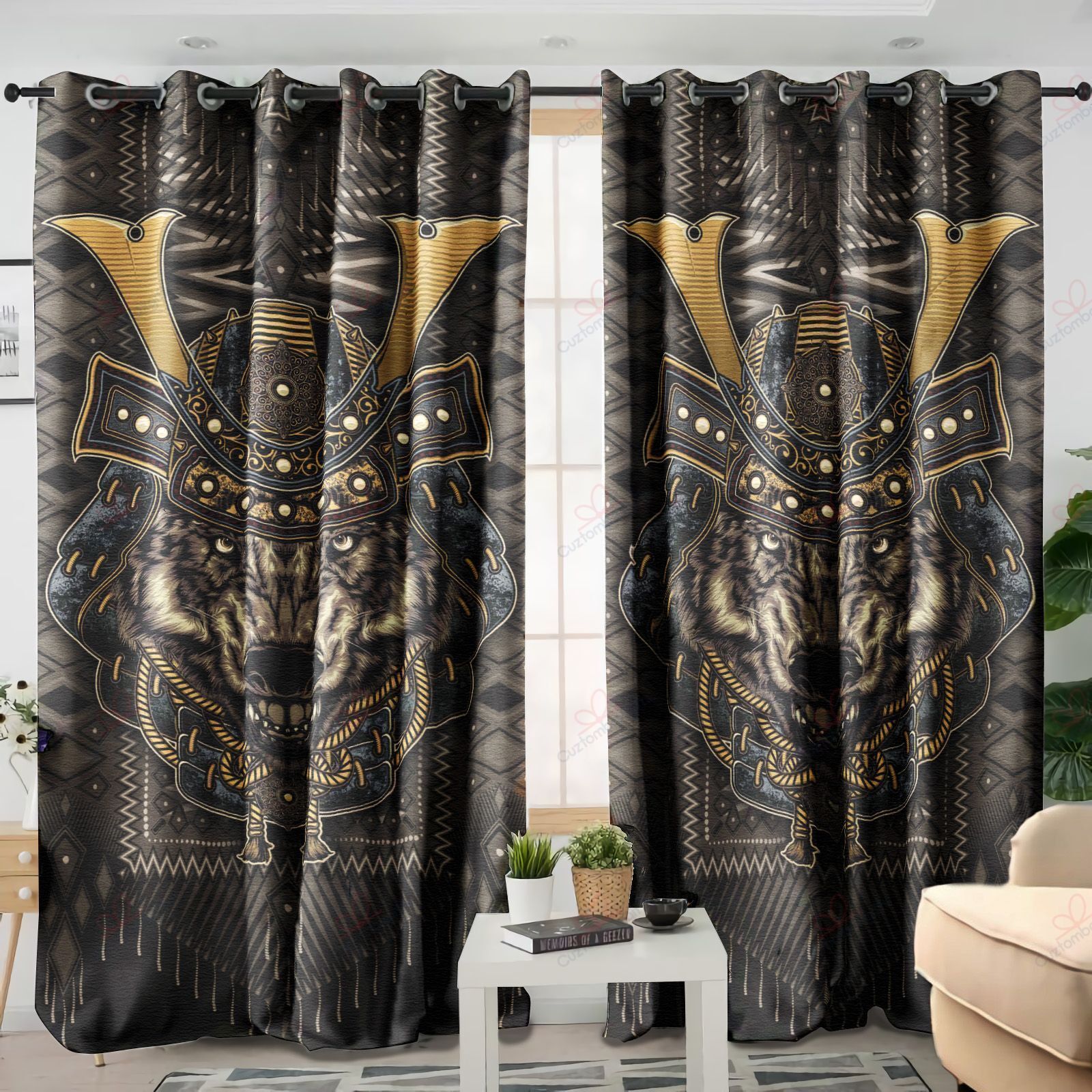 bear samurai printed window curtain home decor 2827