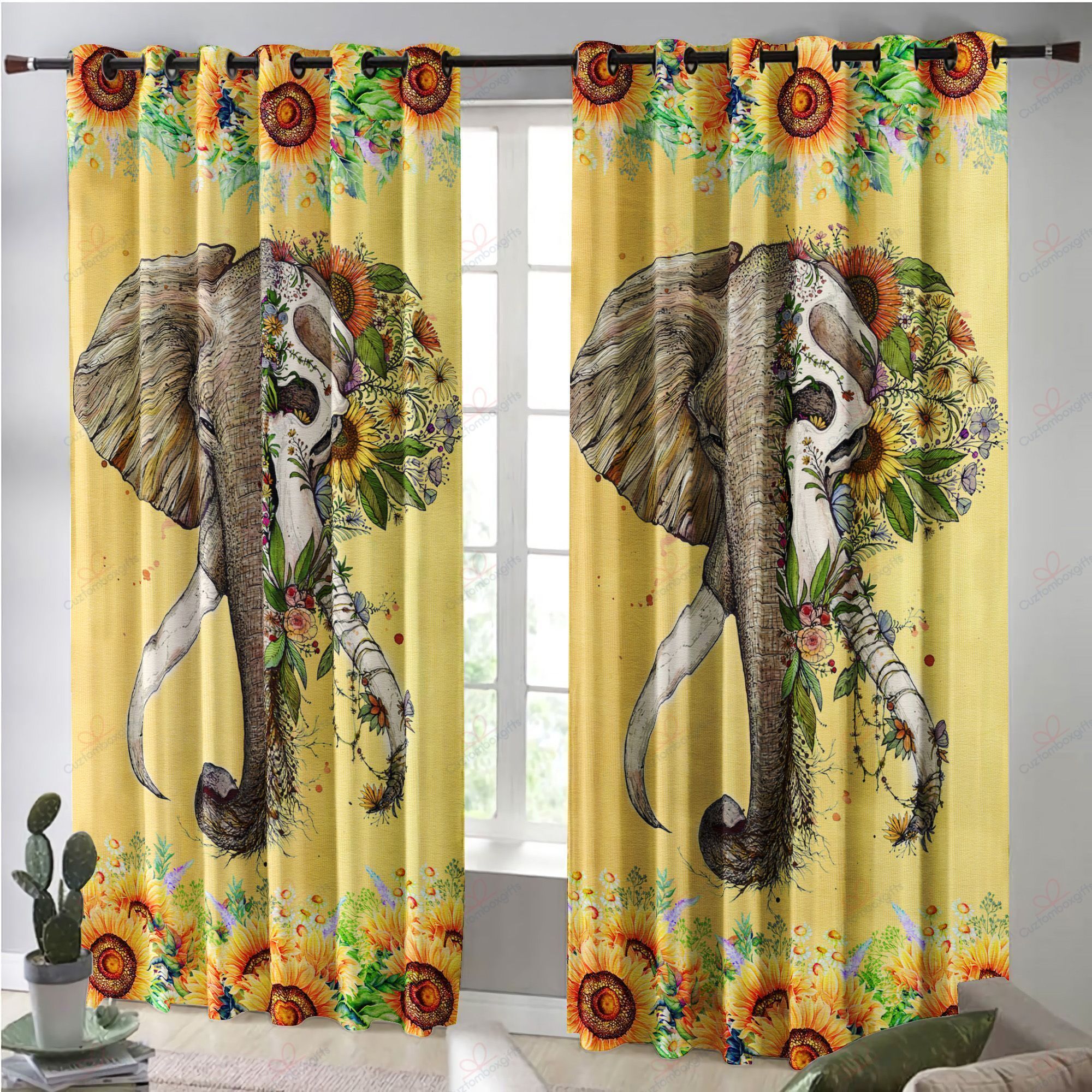 beautiful elephant sunflower printed window curtains home decor 4216