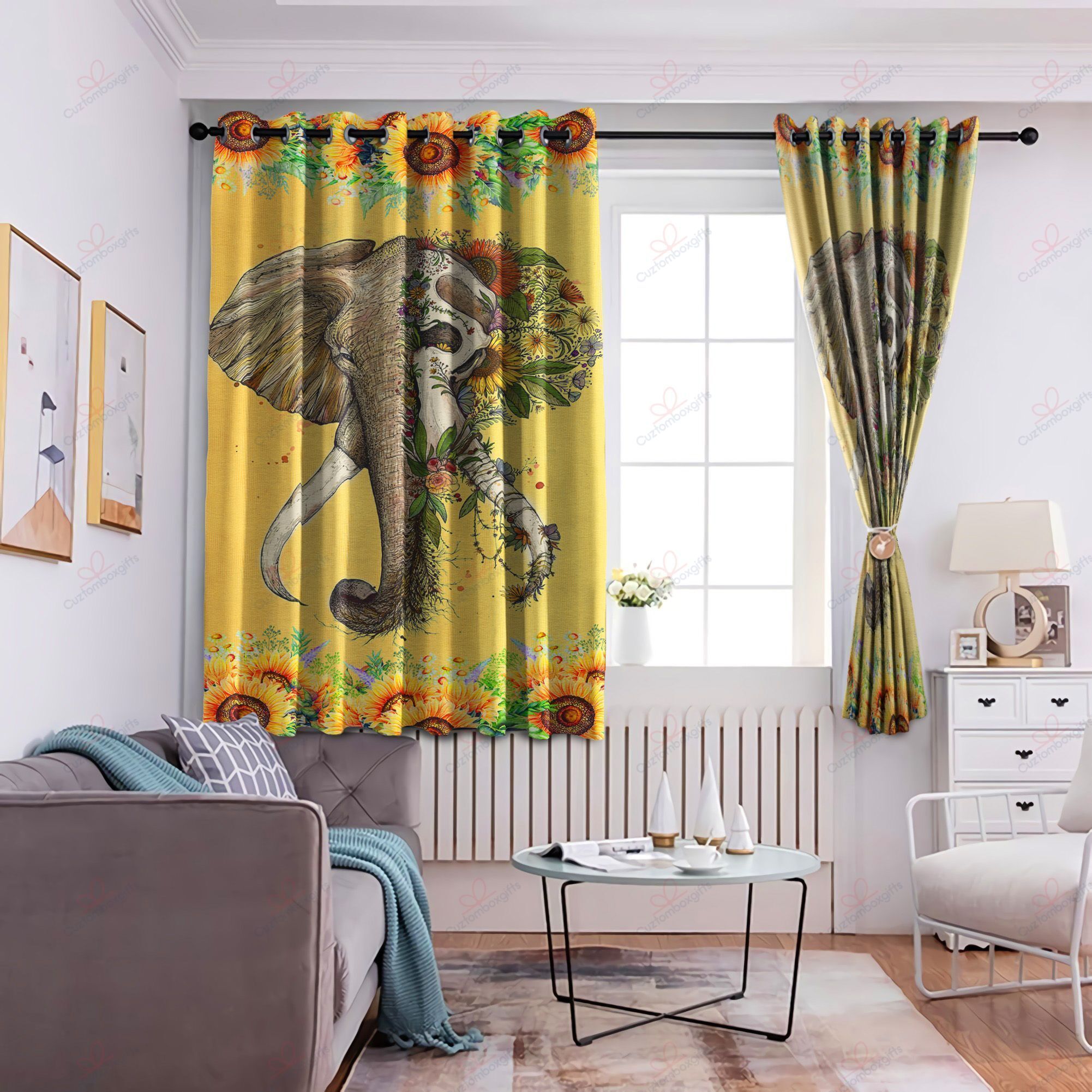 beautiful elephant sunflower printed window curtains home decor 5574
