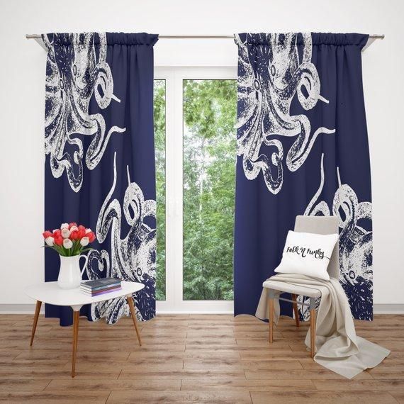 Beautiful Navy Blue Octopus Printed Window Curtain Home Decor beautiful navy blue octopus printed window curtain home decor 1058