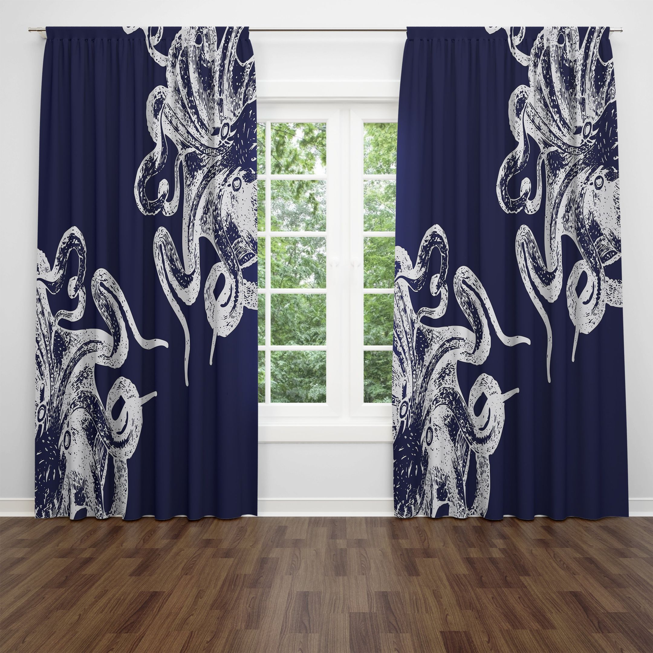 Beautiful Navy Blue Octopus Printed Window Curtain Home Decor beautiful navy blue octopus printed window curtain home decor 2511