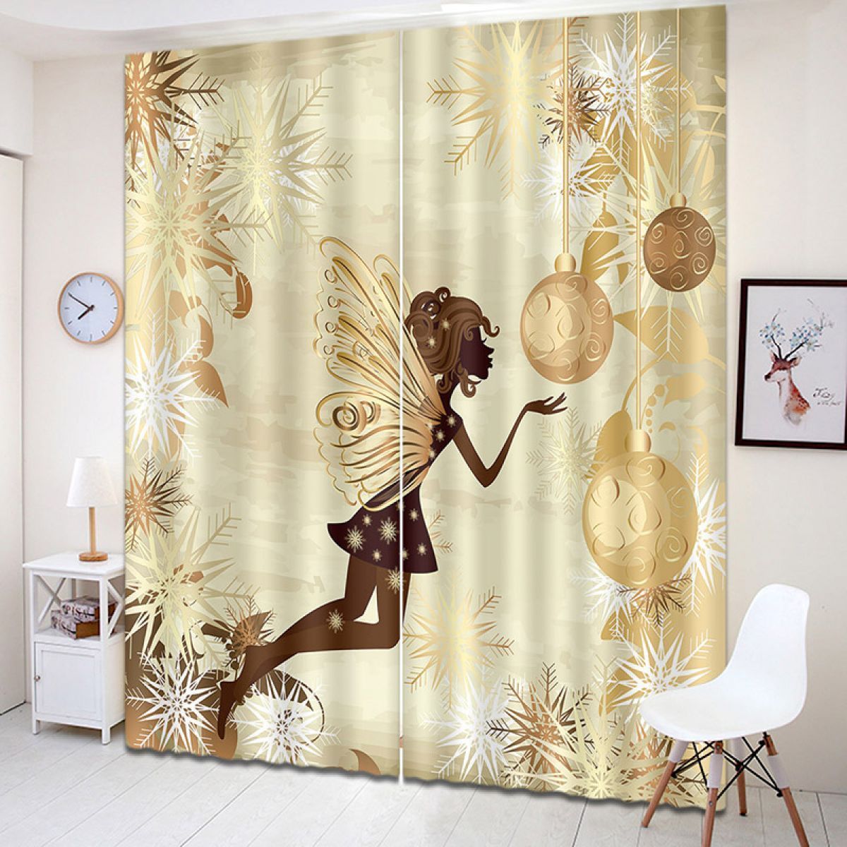 beige fairy and snowflake printed window curtain home decor 3578