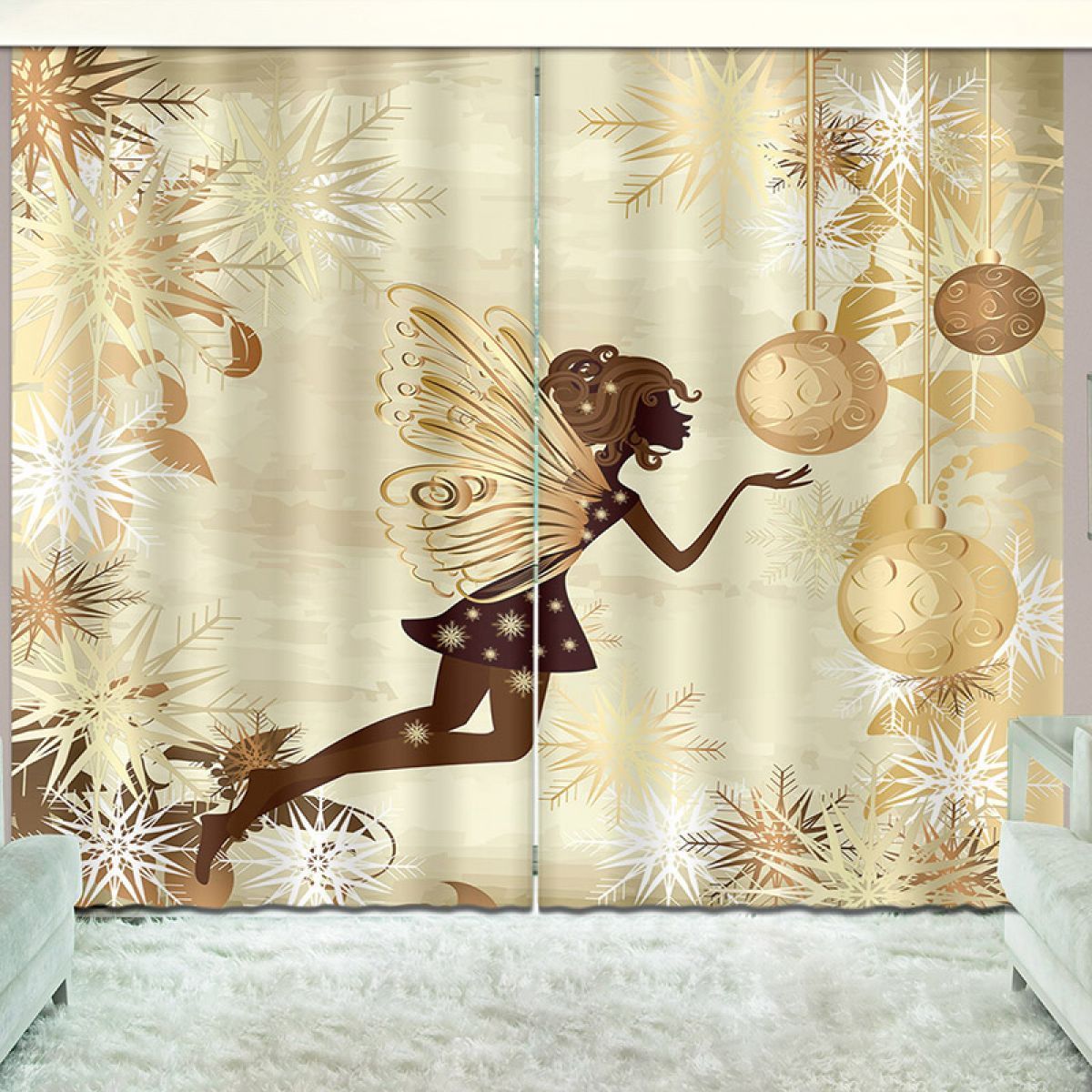 beige fairy and snowflake printed window curtain home decor 5729