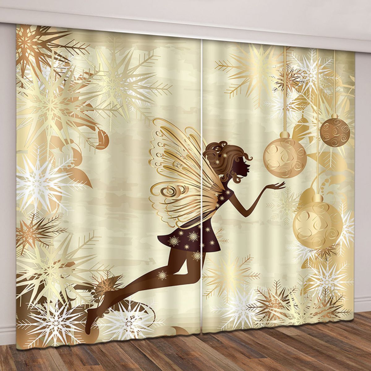 beige fairy and snowflake printed window curtain home decor 6063