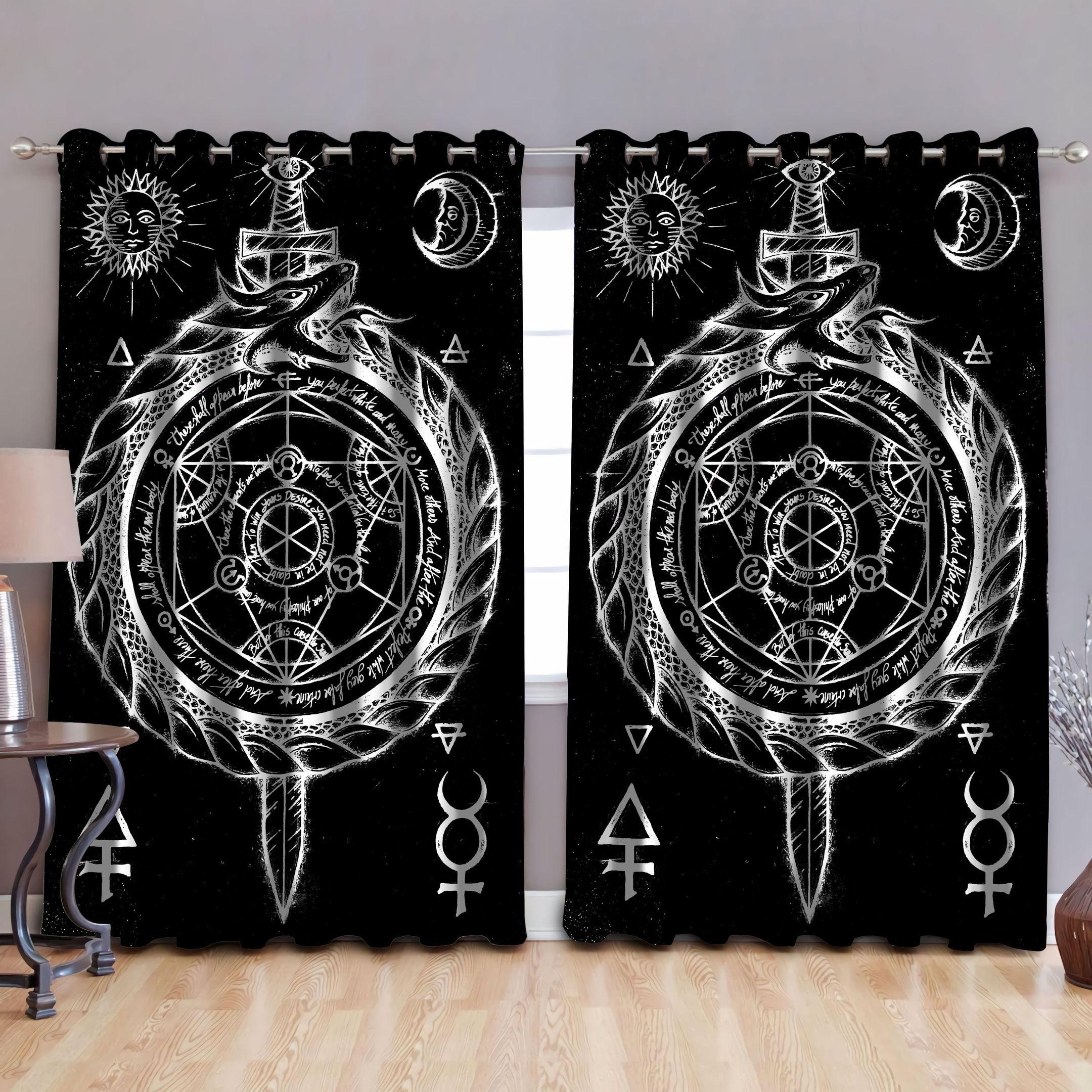 black and white alchemy printed window curtain 1431