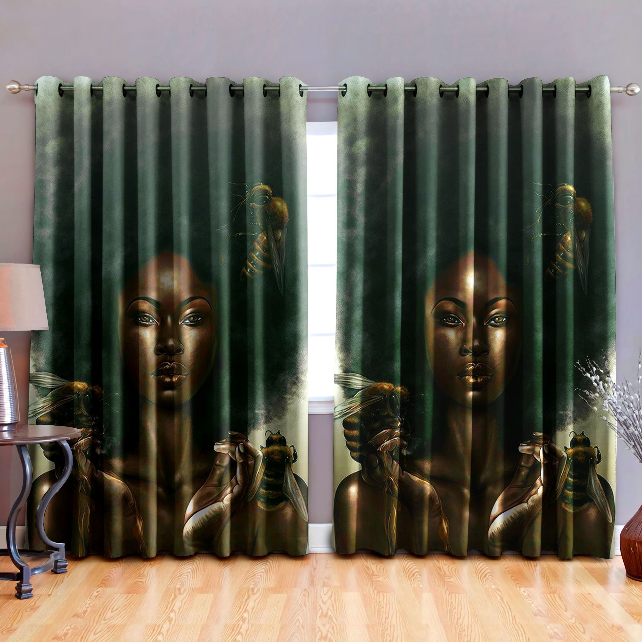 black girl with bee printed window curtain home decor 8777