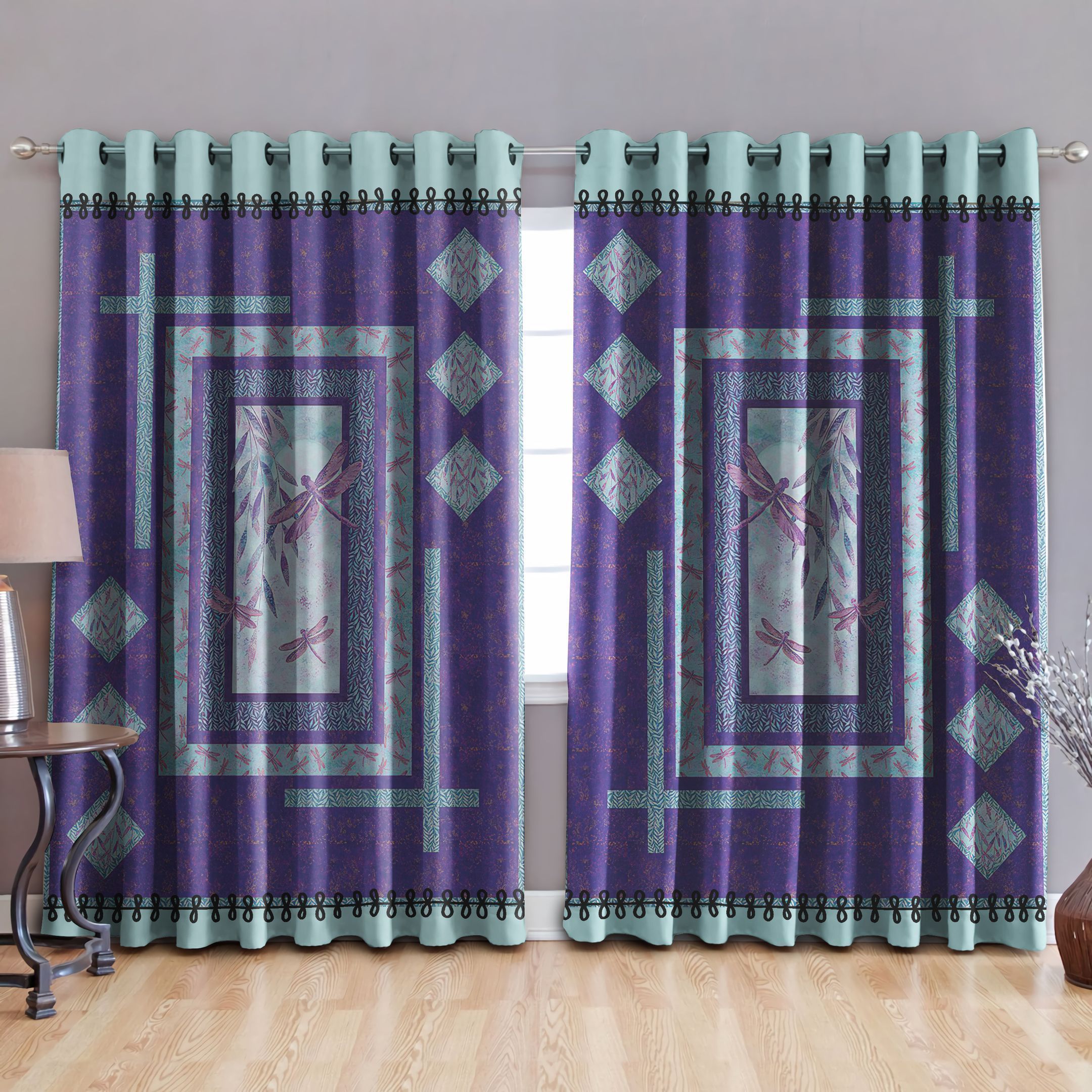 blue and teal background abstract butterfly printed window curtain home decor 6298