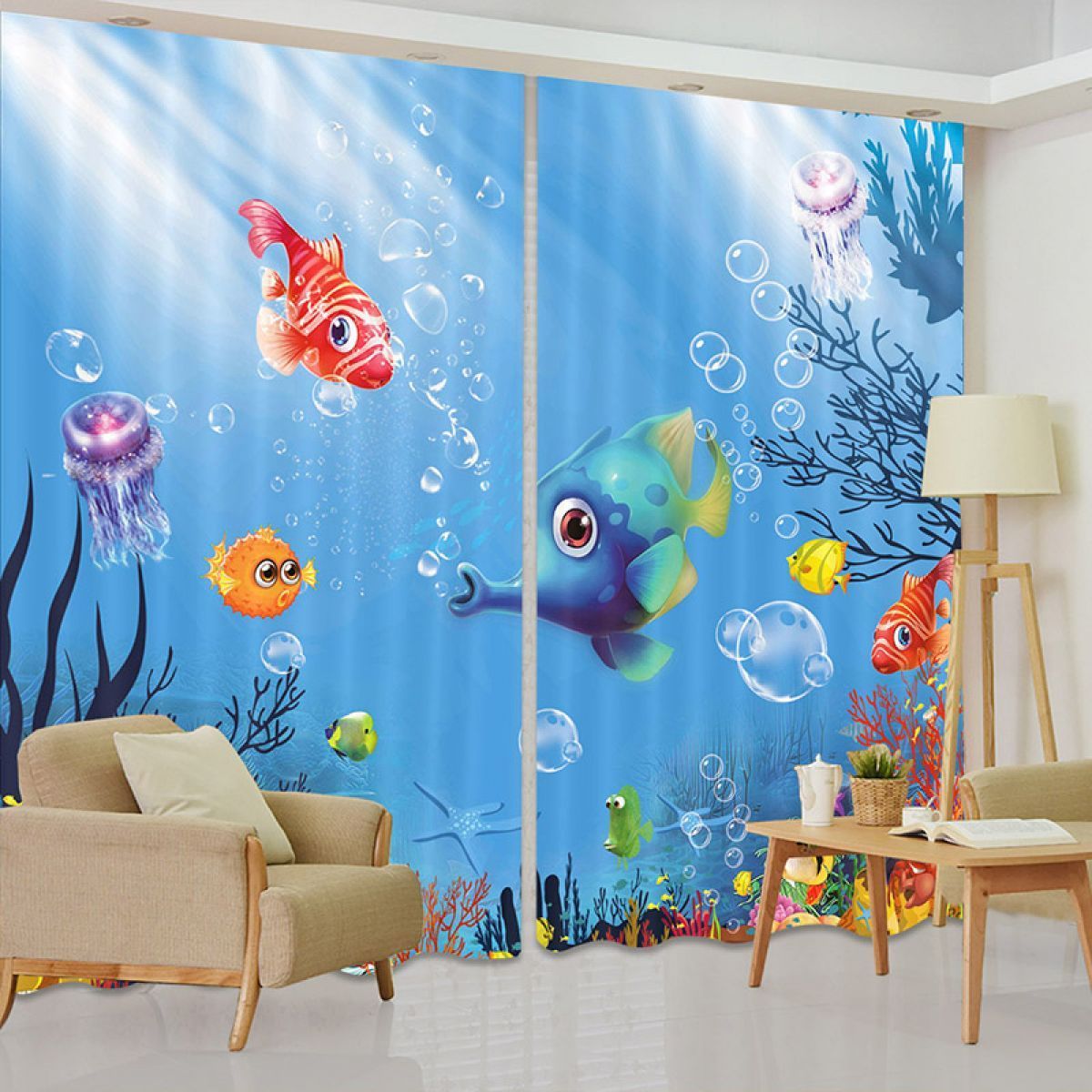 blue cartoon fish in water printed window curtain home decor 7137