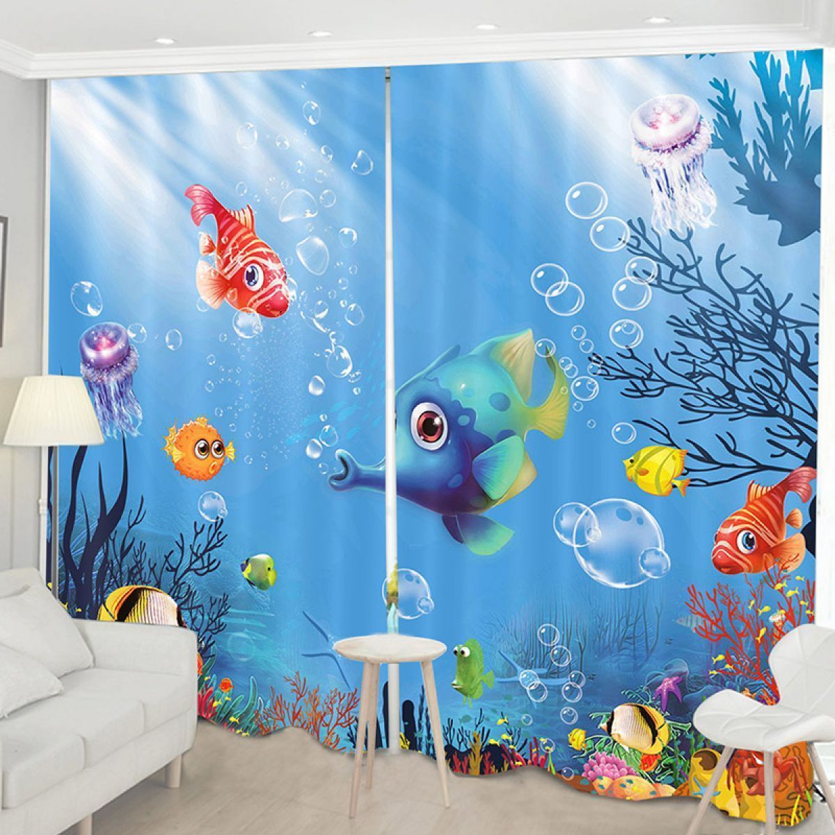 blue cartoon fish in water printed window curtain home decor 8600