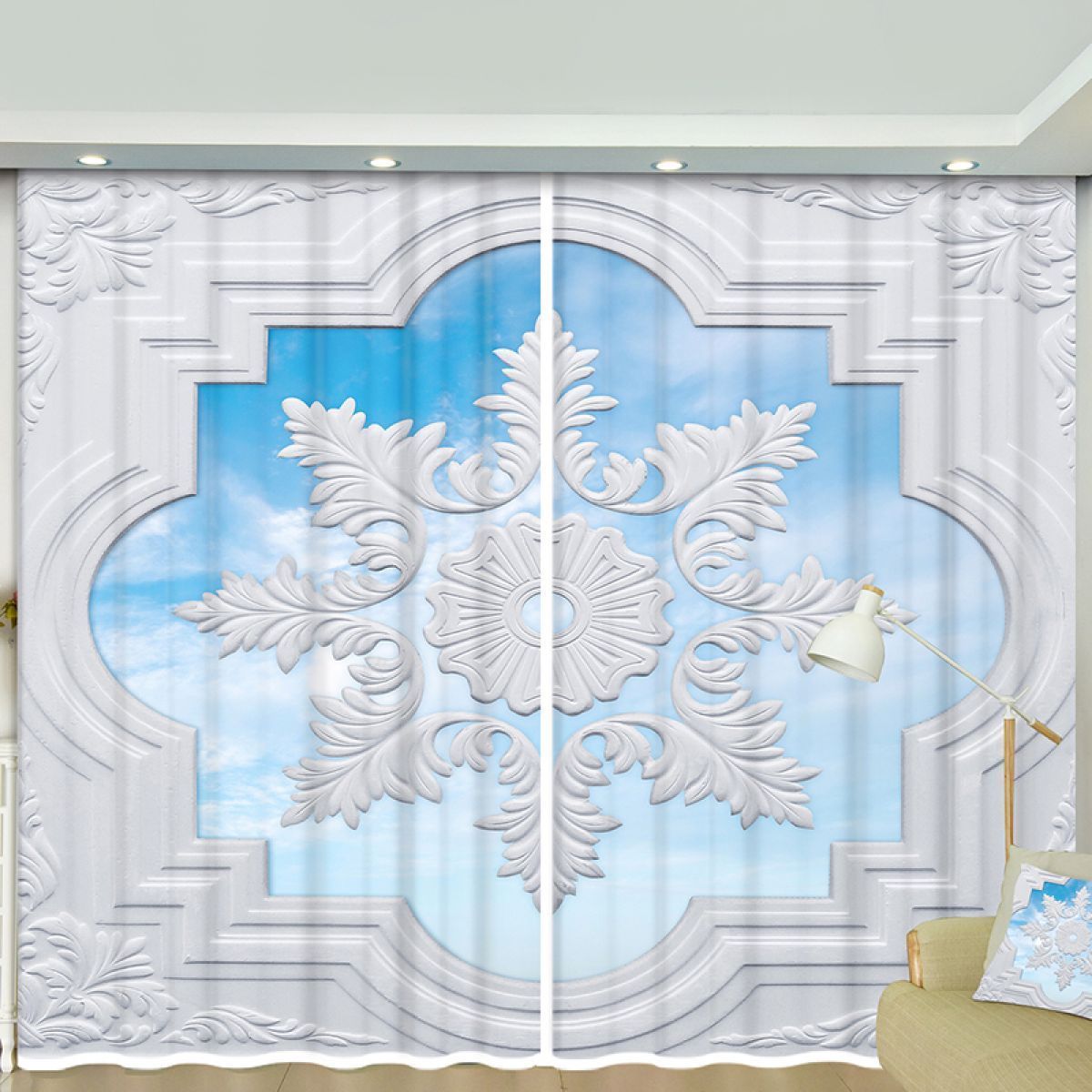 Blue Carved Floral Pattern Printed Window Curtain Home Decor blue carved floral pattern printed window curtain home decor 7243