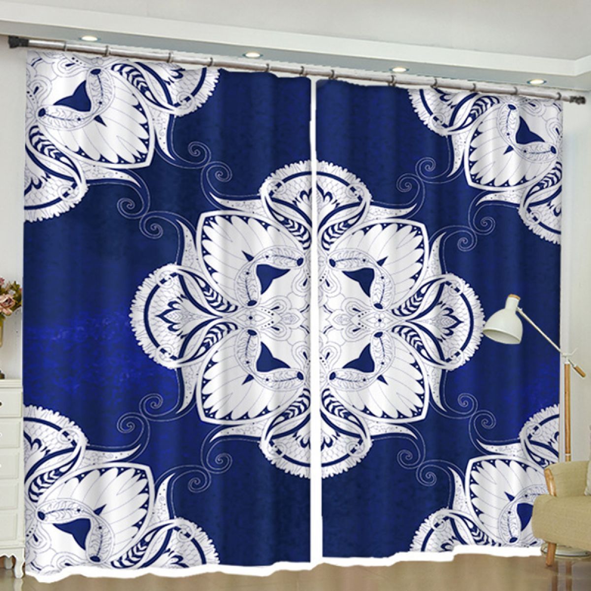 blue decorative design printed window curtain home decor 8383
