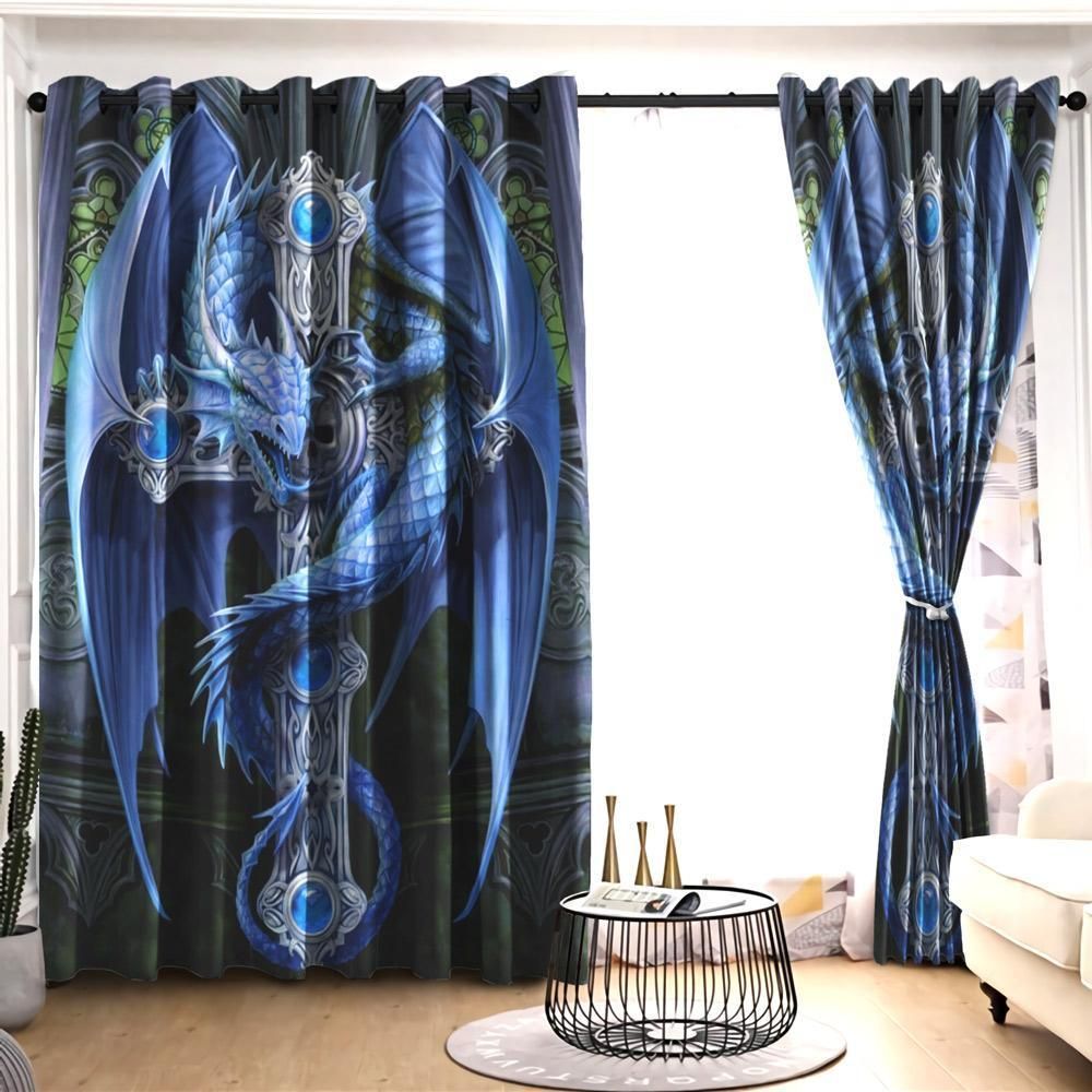 Blue Dragon Holding The Cross Printed Window Curtain blue dragon holding the cross printed window curtain 4863