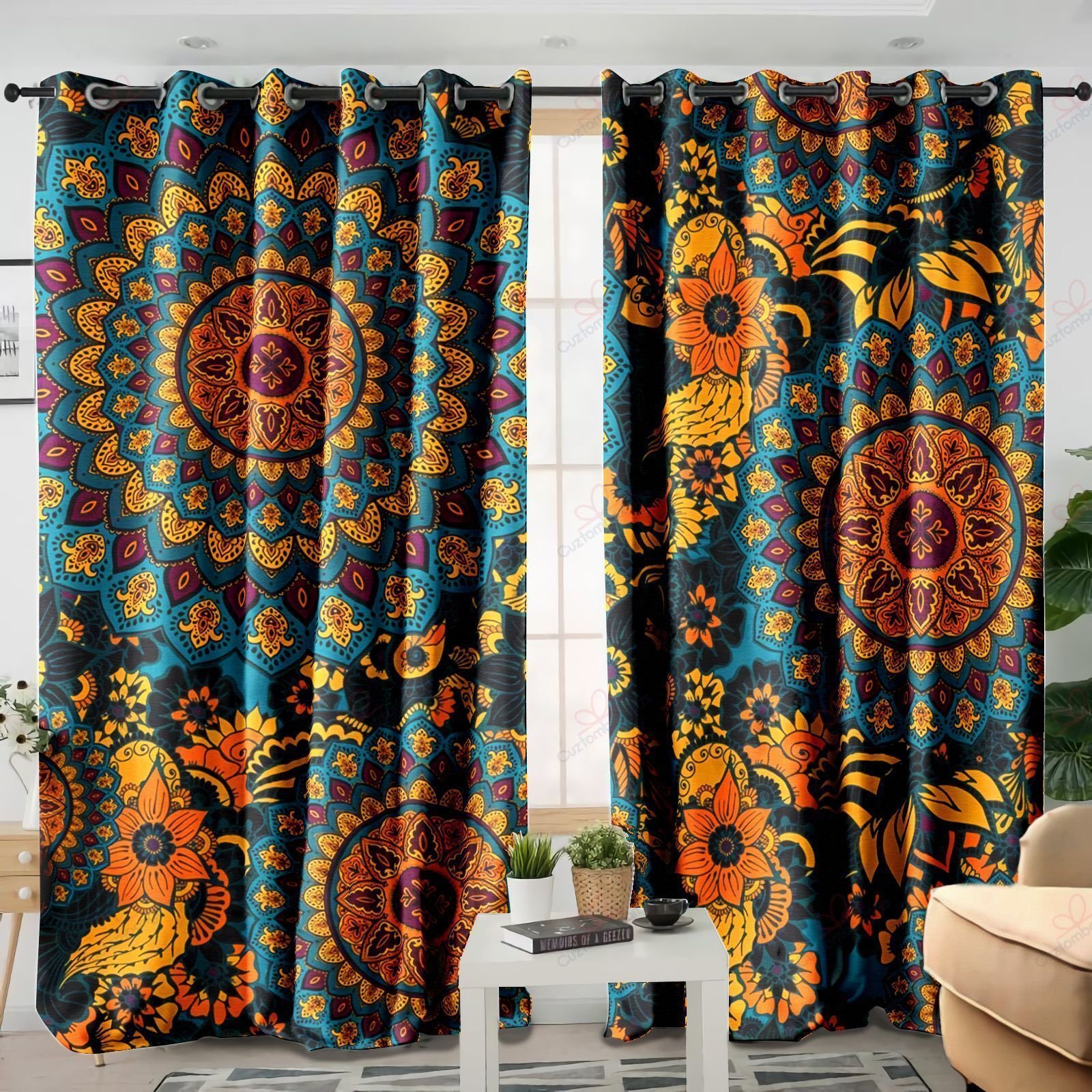 boho teal with orange and yellow mandala printed window curtain home decor 1349