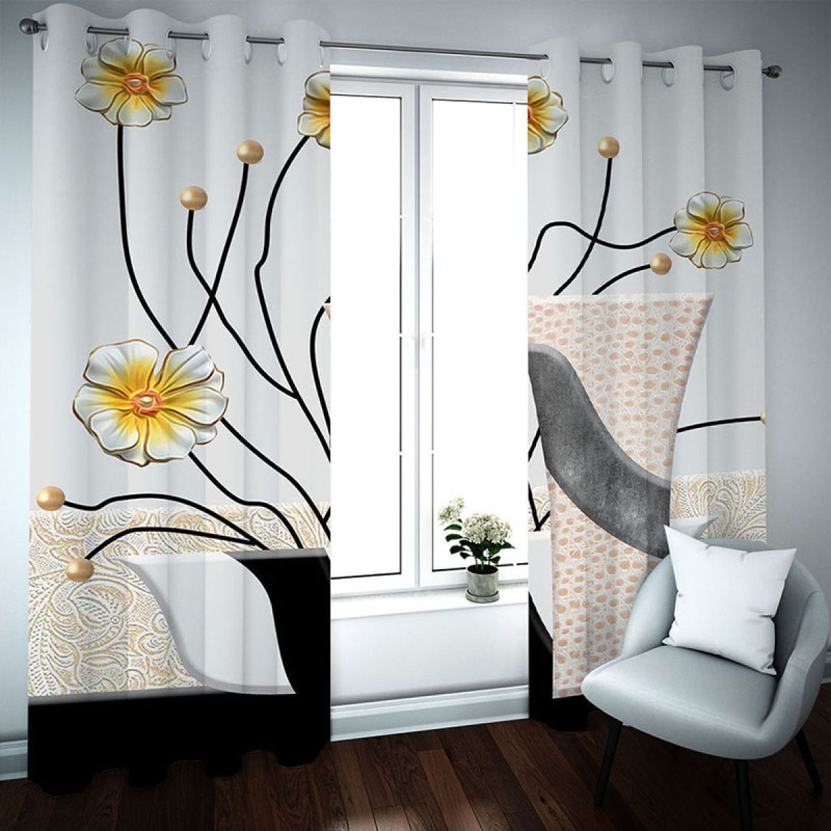 bonsai and porcelains printed window curtain home decor 2763