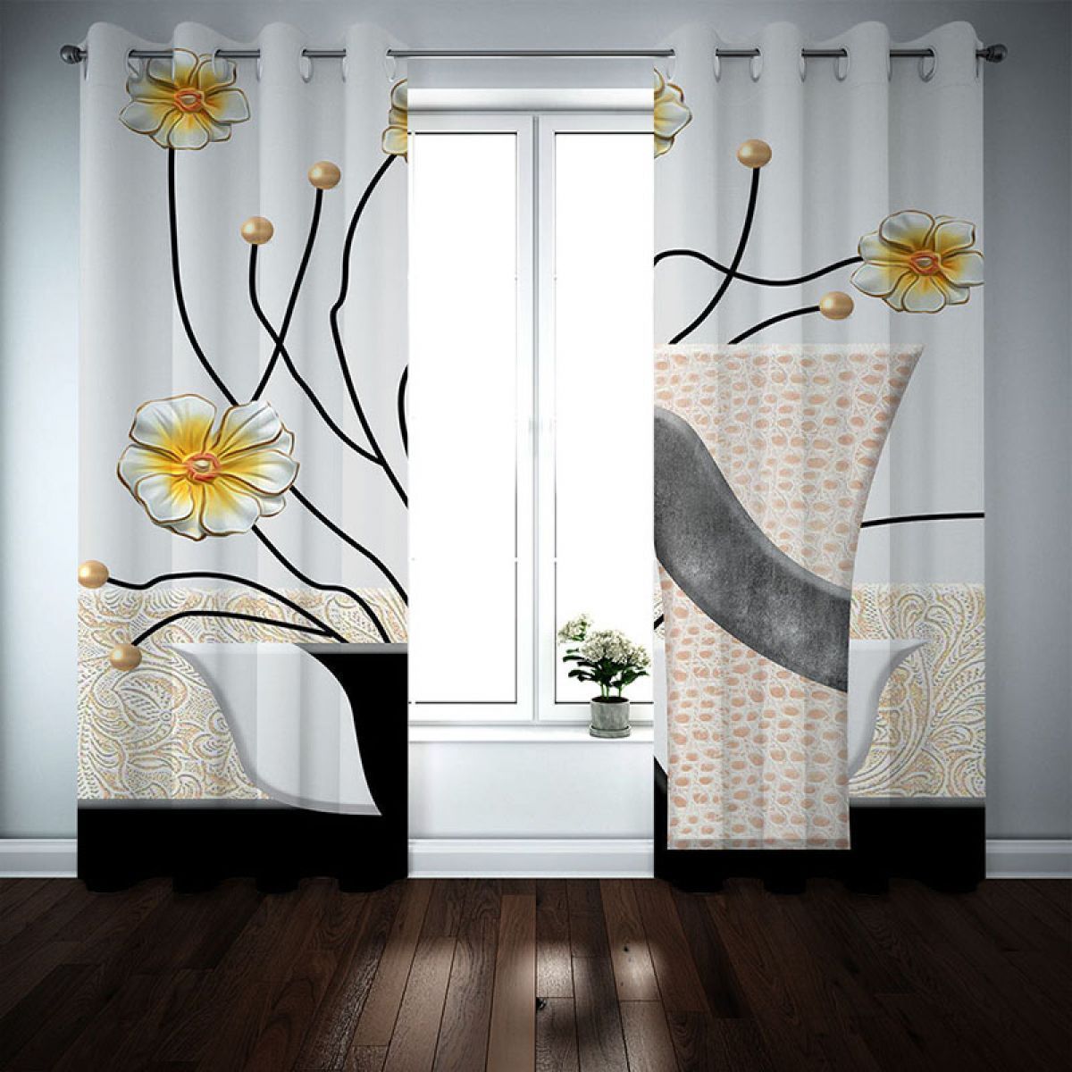 bonsai and porcelains printed window curtain home decor 4757