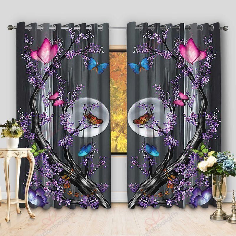 butterfly and moon in night printed window curtain home decor 7430
