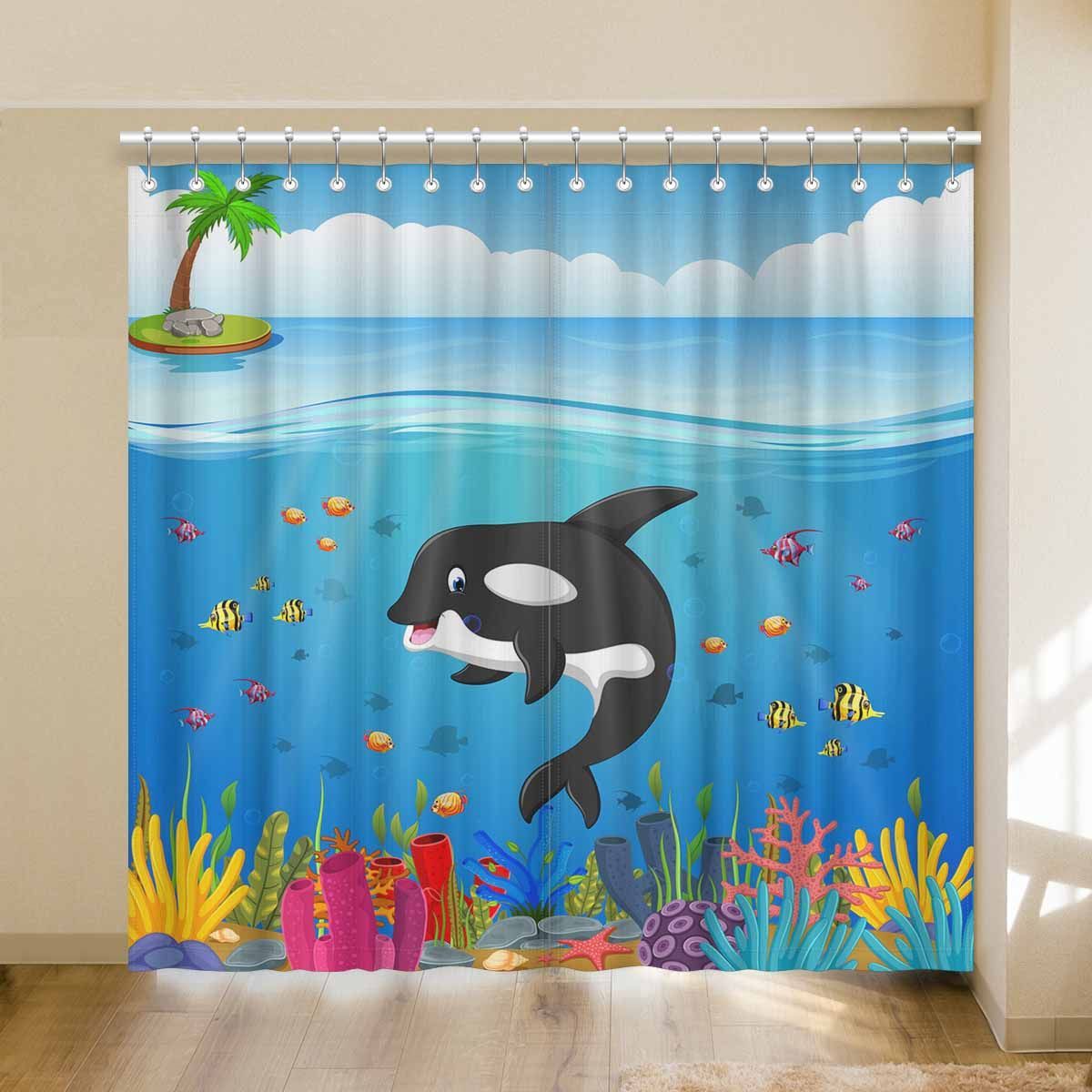 cartoon coral reef whale palm tree printed window curtain 1342