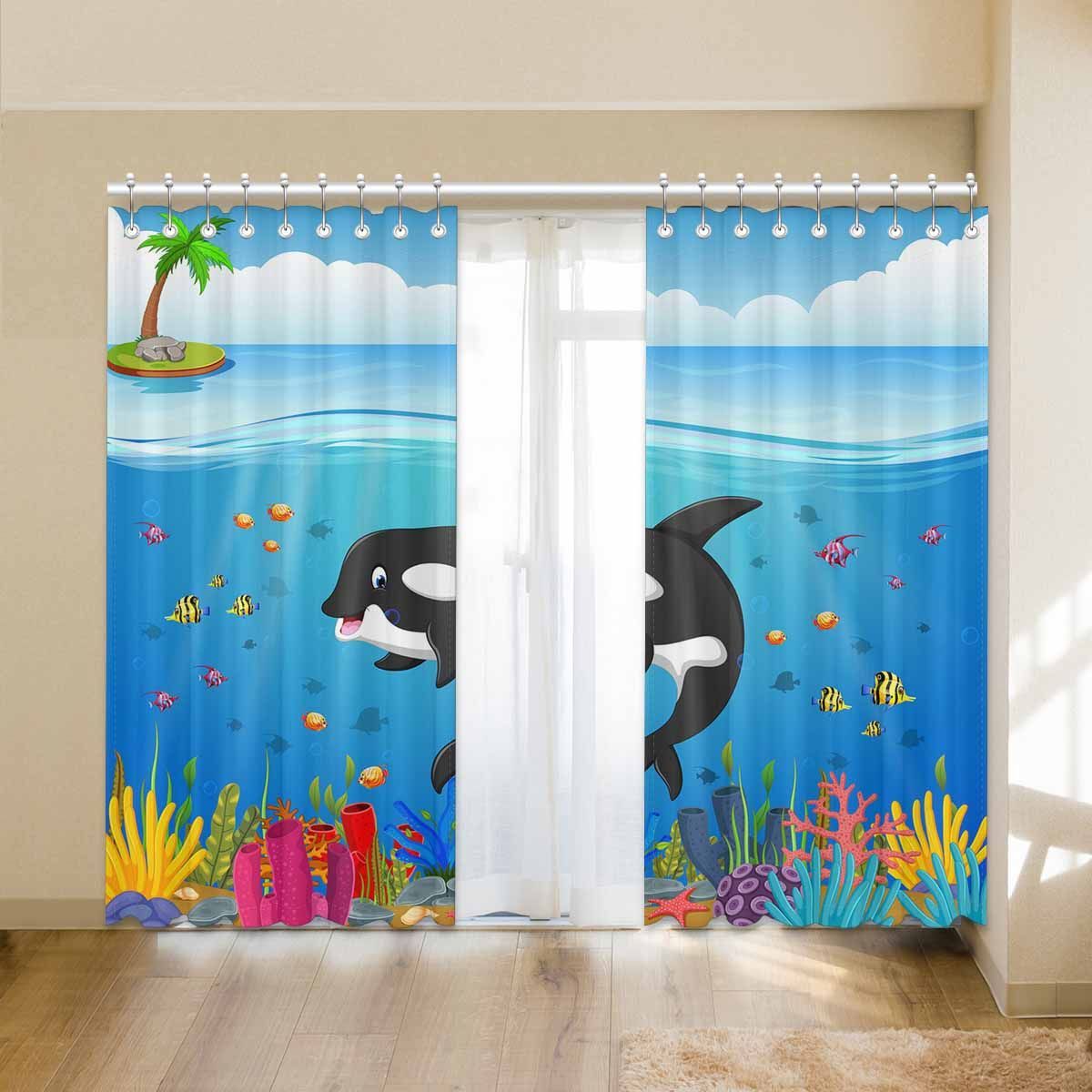 cartoon coral reef whale palm tree printed window curtain 5991