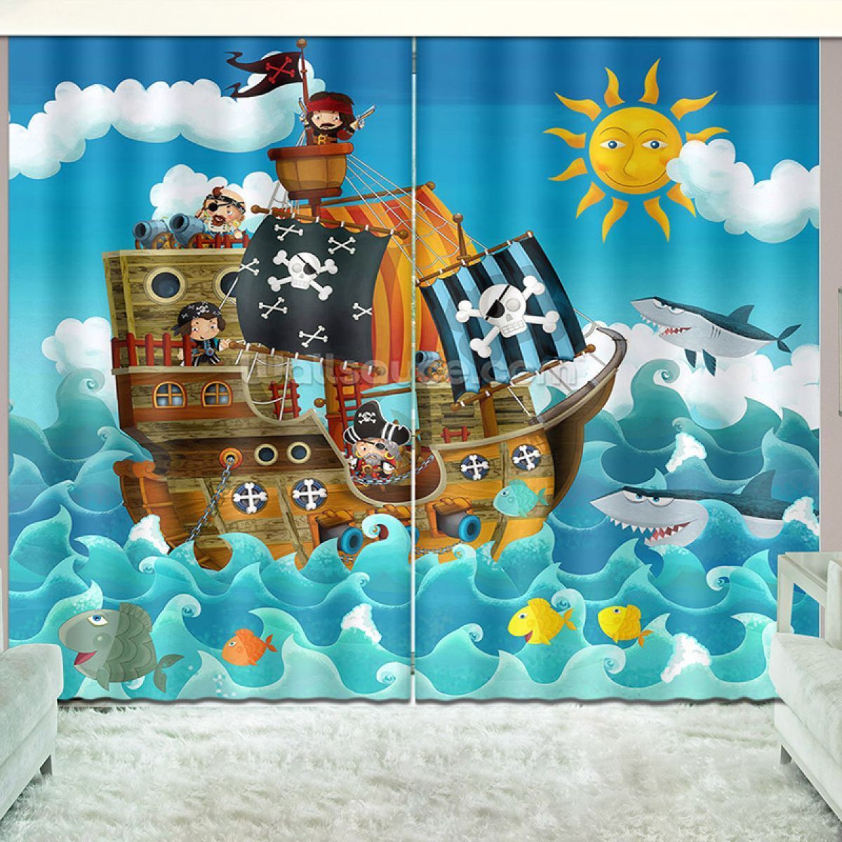 Cartoon Pirate Boat Printed Window Curtain Home Decor cartoon pirate boat printed window curtain home decor 4312